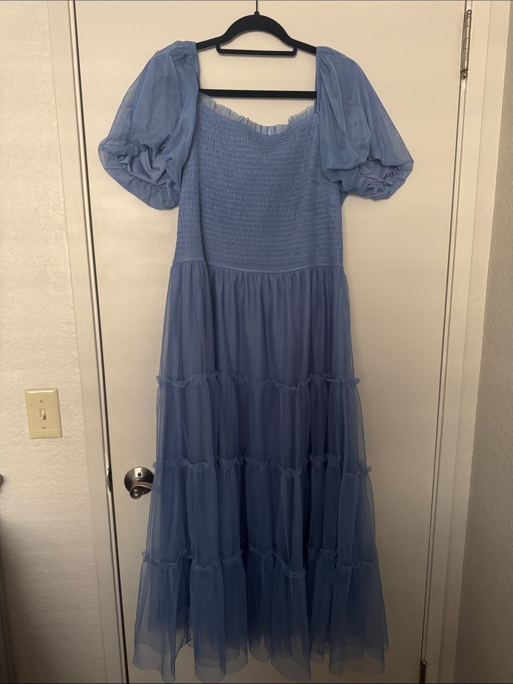 Blue Tulle Puff-Sleeve Dress